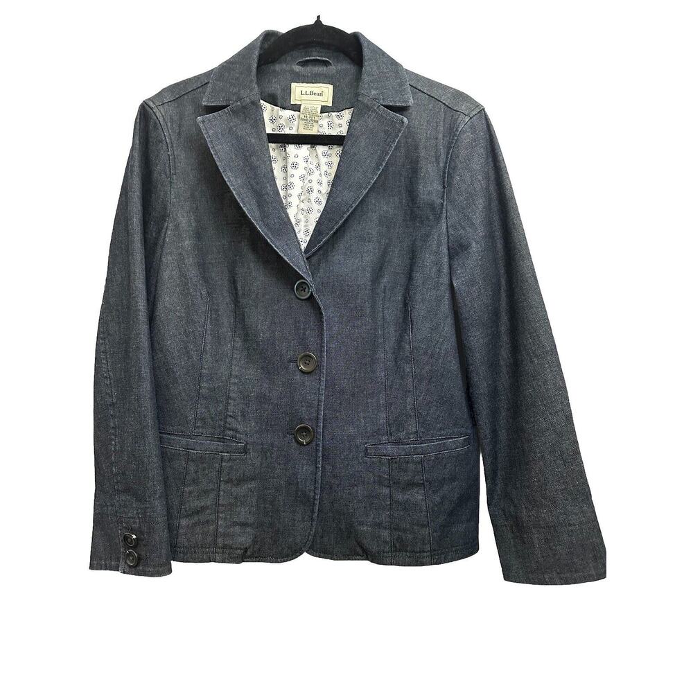 LL Bean Denim Jean Blazer Jacket Women's Size 14P Petite Pockets 3 Button Front